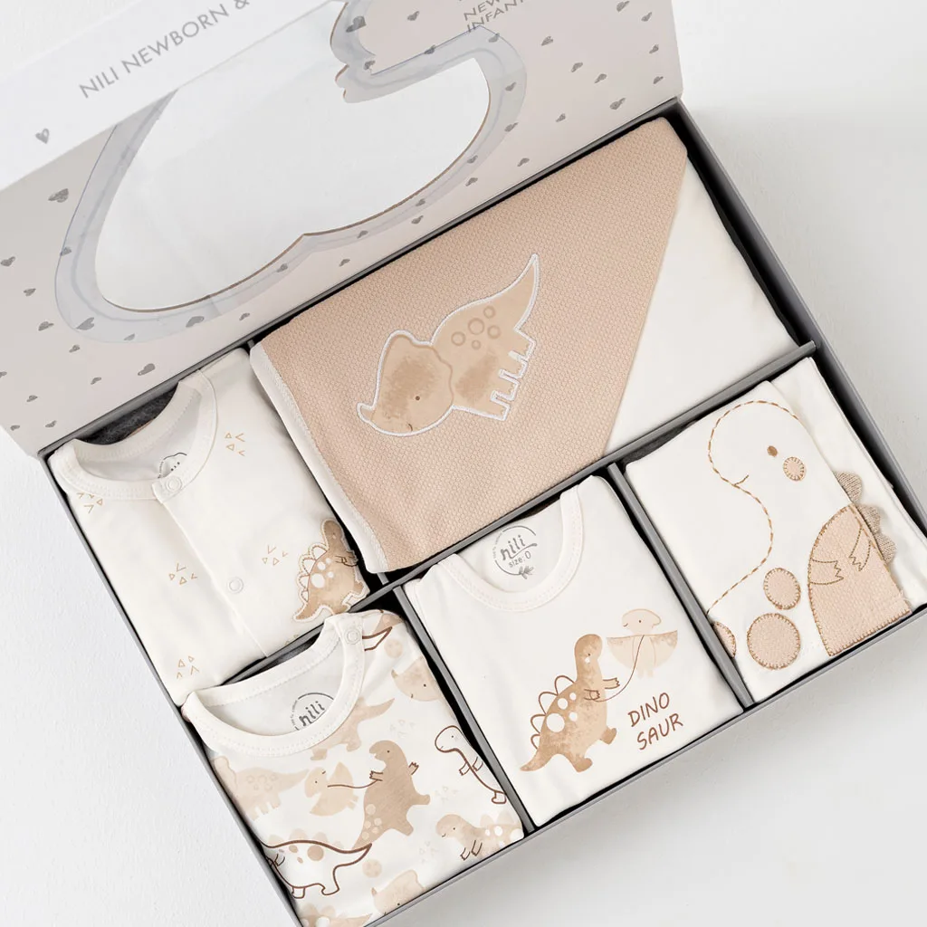 سرویس 13تکه جعبه ای پنبه دایناسور DinoSaur سفید کرم نیلی Nili