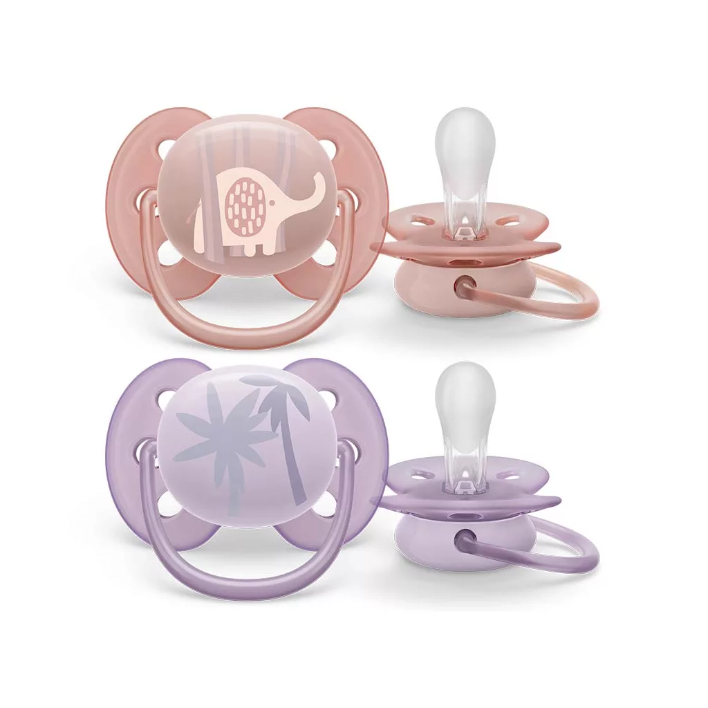 پستانک اونت دوعددی مدل Ultra Soft اولترا سافت طرح فیل و نخل، مناسب نوزاد ۰ تا ۶ ماه Avent