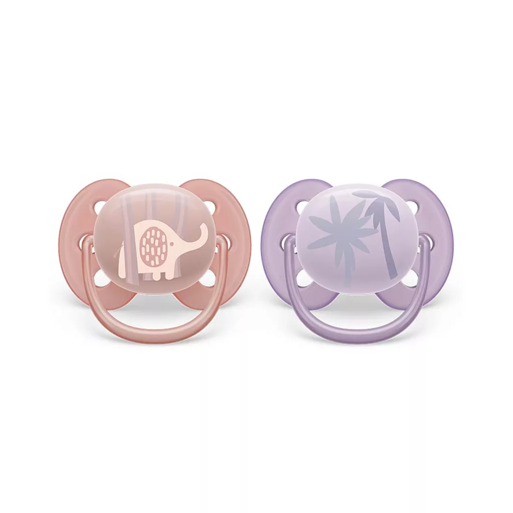 پستانک اونت دوعددی مدل Ultra Soft اولترا سافت طرح فیل و نخل، مناسب نوزاد ۰ تا ۶ ماه Avent