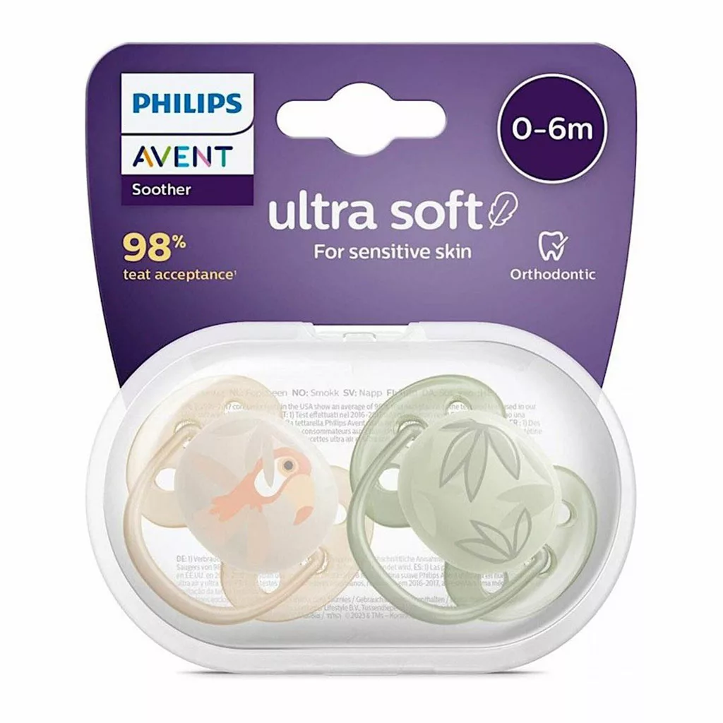 پستانک اونت 2 عددی Ultra Soft اولترا سافت 0-6 ماه طرح طوطی و برگ Philips Avent