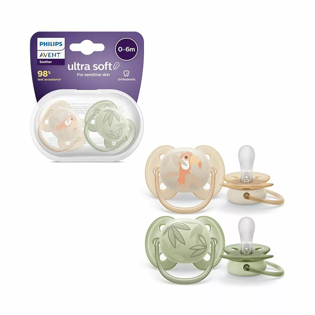 پستانک اونت 2 عددی Ultra Soft اولترا سافت 0-6 ماه طرح طوطی و برگ Philips Avent
