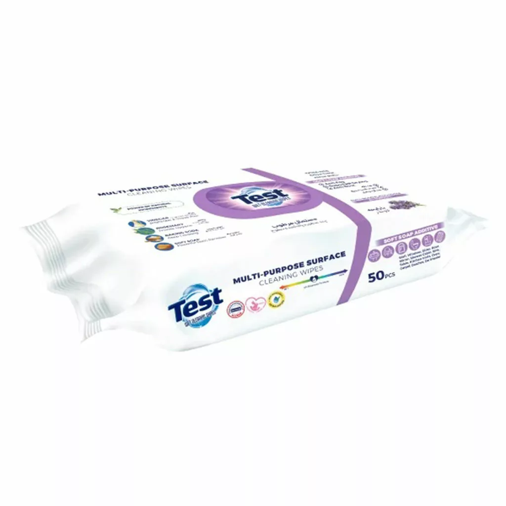 دستمال مرطوب چندمنظوره پاک‌کننده سطوح تست Test رایحه لاوندر (۵۰ عددی) – ضدلکه و ضدگردوغبار