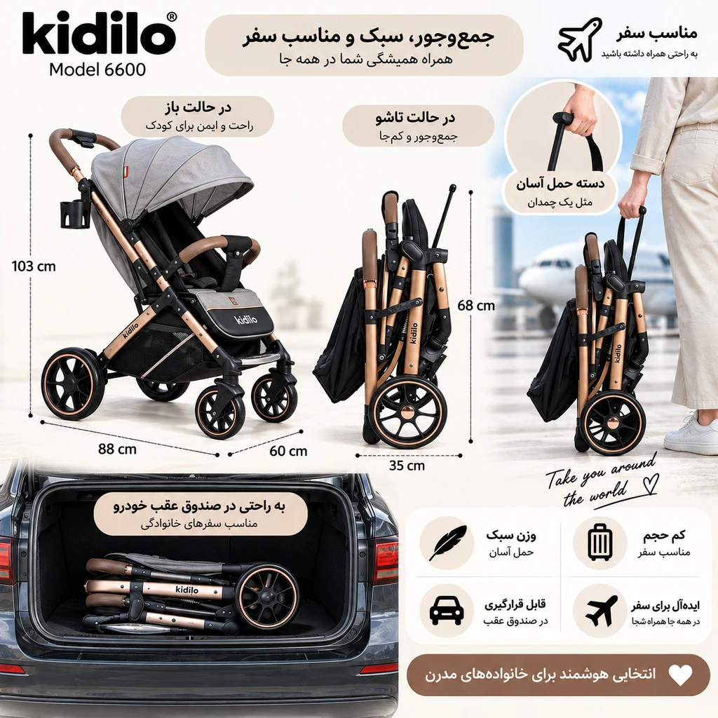 کالسکه کیدیلو 6600 تاشو و مسافرتی در حالت باز و جمع‌شده با طراحی کم‌جا