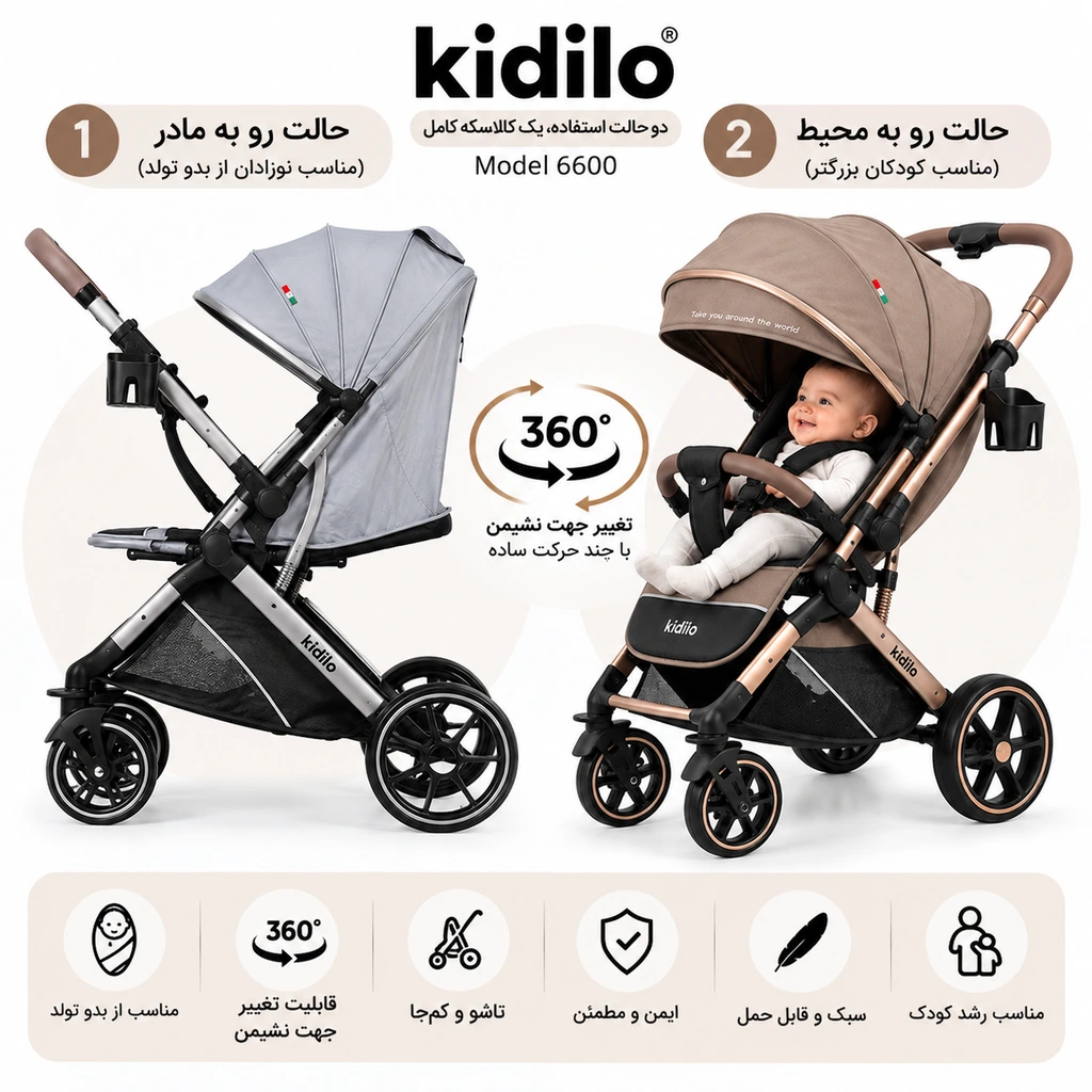 کالسکه کیدیلو 6600 با قابلیت تغییر جهت رو به مادر برای نوزاد و رو به محیط برای کودک